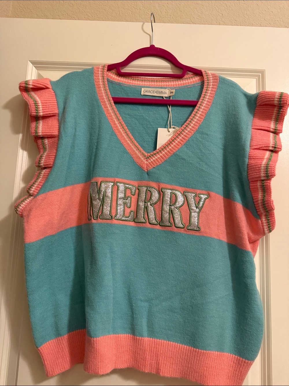 Aqua & Pink V-Neck Ruffle Sleeve Sweater Vest